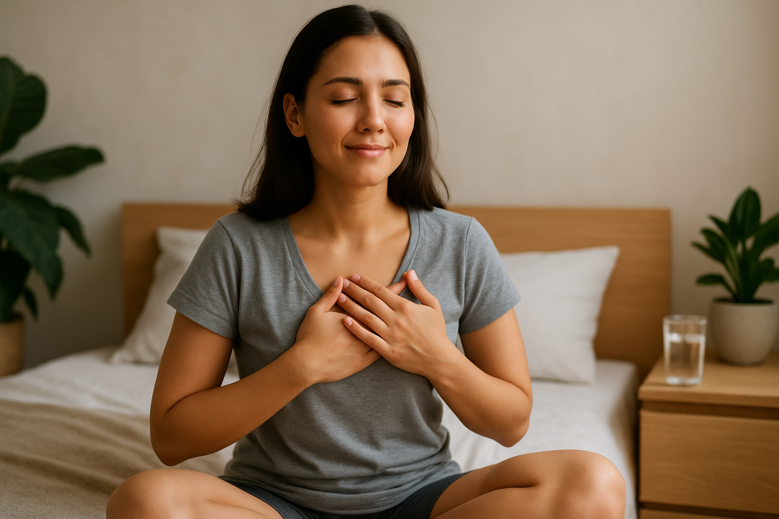 a woman sitting on a bed with her hands on her chest